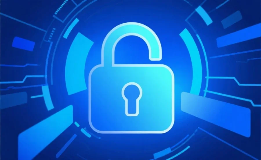 抽象风格的数字锁定图标，象征数据安全，背景为蓝色科技感光效